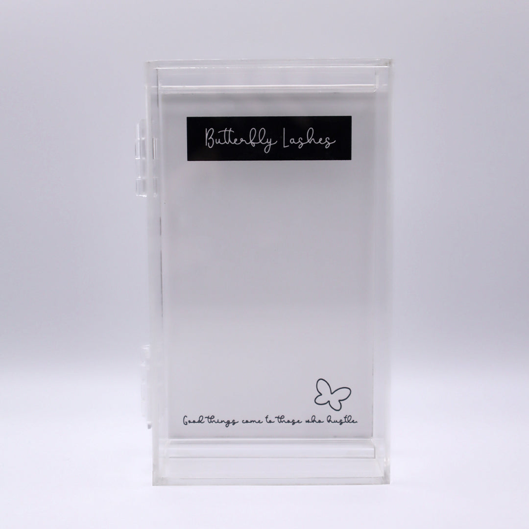 white tile with clear case and butterfly lashes logo